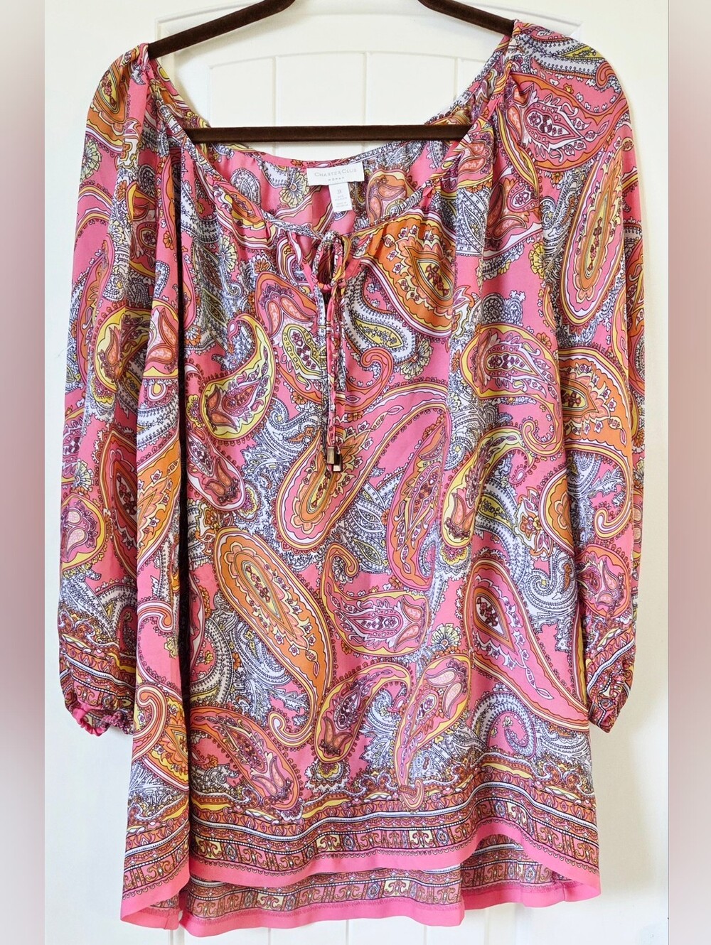 Charter Club Pink & Orange Paisley Tie-Front Peasant Tunic